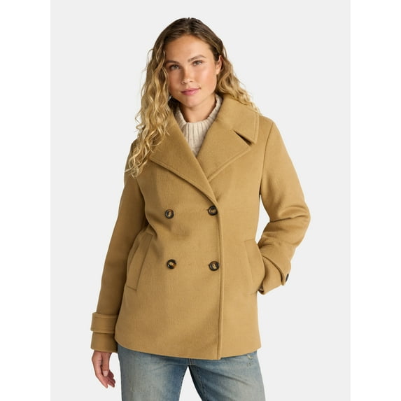 Time and Tru Women's and Women's Plus Faux Wool Peacoat, Sizes XS-3X