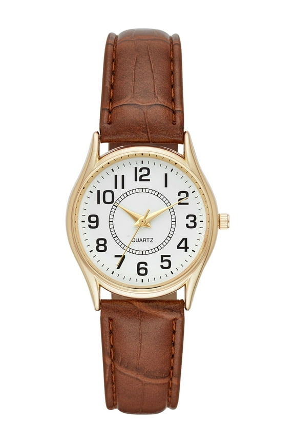 Time & Tru Women's Wristwatch: Gold Tone Case, Easy Read Dial with Embossed Faux Leather Strap (FMDOTT001)