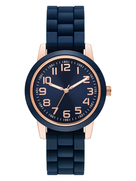 Time & Tru Women's Wristwatch: Rose Gold Case, Blue Bezel, Easy Read Dial, Silicone Strap (FMDOTT073)