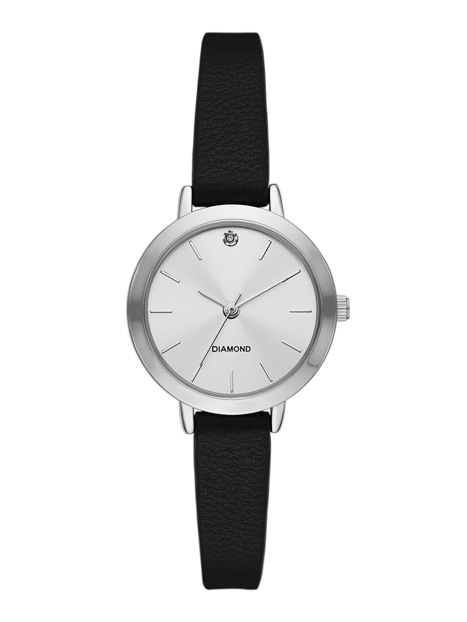 Women\'s Silver-Tone Diamond Accent Watch with Black Leather Strap Vintage Avon Genuine Diamond Accent Leather Black Adjust  main image 4