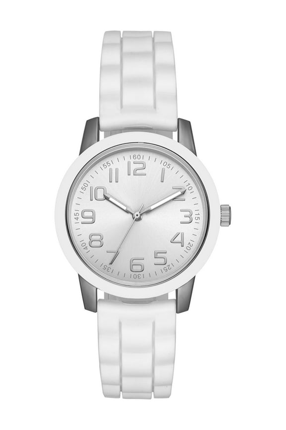 Time & Tru Women's Wristwatch: Silver Case, White Bezel, Easy Read Dial, Silicone Strap (FMDOTT014)