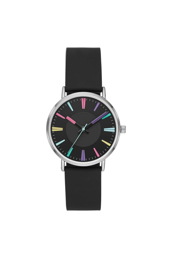 Time & Tru Women's Wristwatch: Silver Tone Case, Black Dial, Multi Colored Markers, Silicone Strap (FMDOTT041)