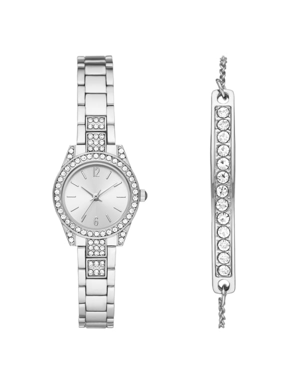 Time & Tru Women's Watch Set: Silver Round Case, Silver Sunray Dial, Silver Tone 3 Link Bracelet (FMDXTT029)