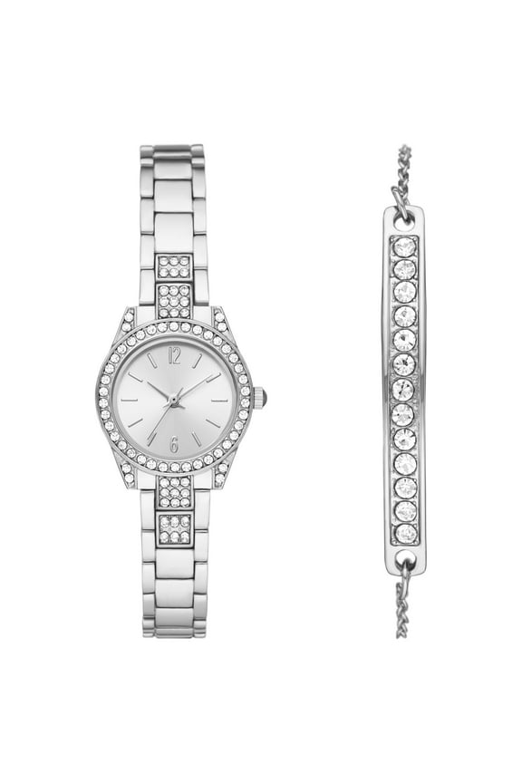 Time & Tru Women's Watch Set: Silver Round Case, Silver Sunray Dial, Silver Tone 3 Link Bracelet (FMDXTT029)
