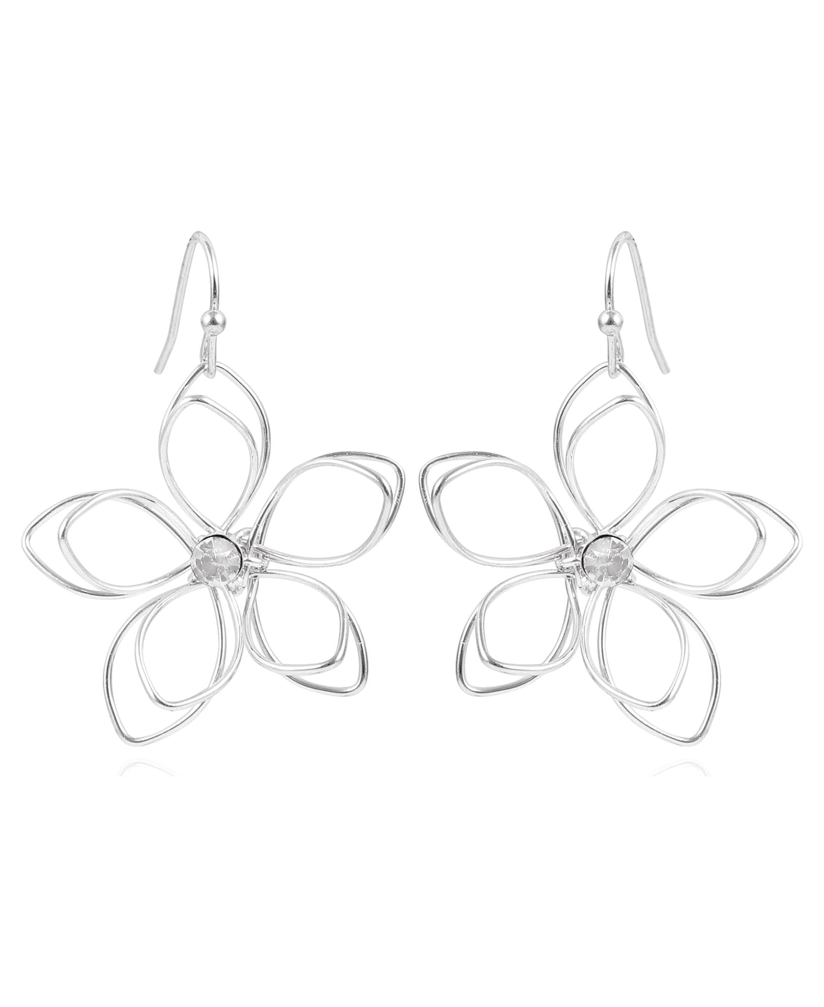 TIME AND TRU Time & True Women's Open Wire Imitation Rhodium 3D Metal Flower Fishhook Earring.