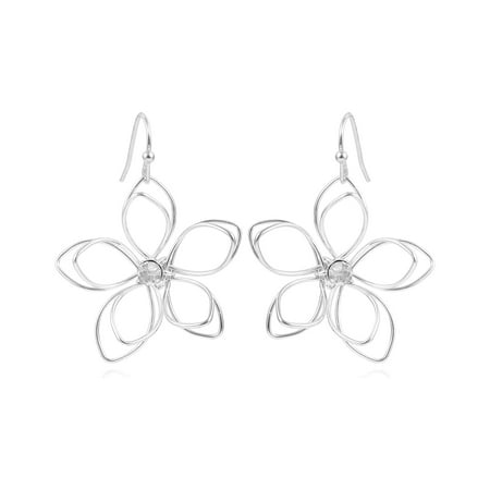 Time & True Women's Open Wire Imitation Rhodium 3D Metal Flower Fishhook Earring.