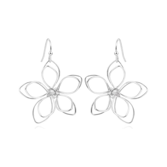 Time & True Women's Open Wire Imitation Rhodium 3D Metal Flower Fishhook Earring.