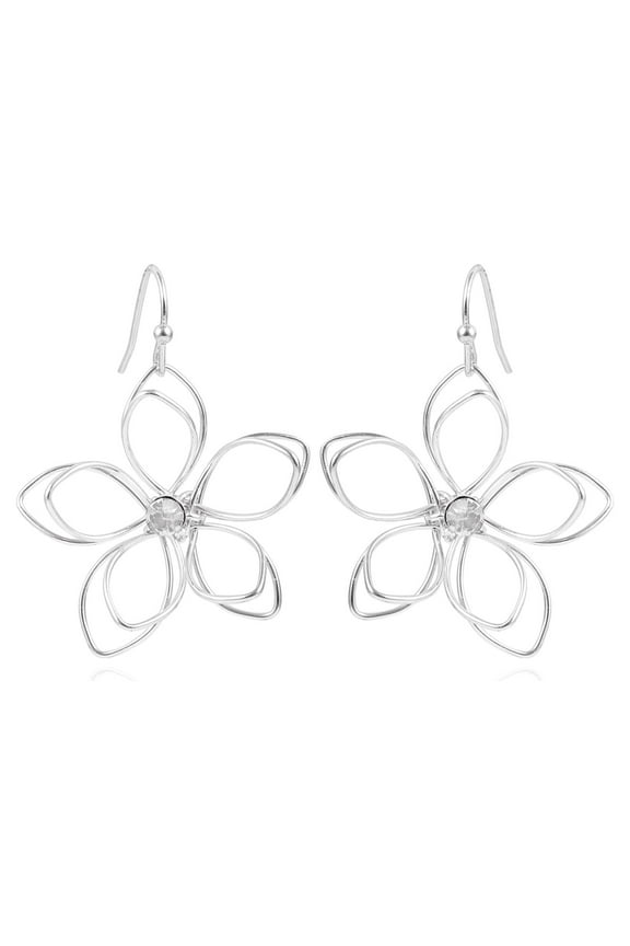 Time & True Women's Open Wire Imitation Rhodium 3D Metal Flower Fishhook Earring.