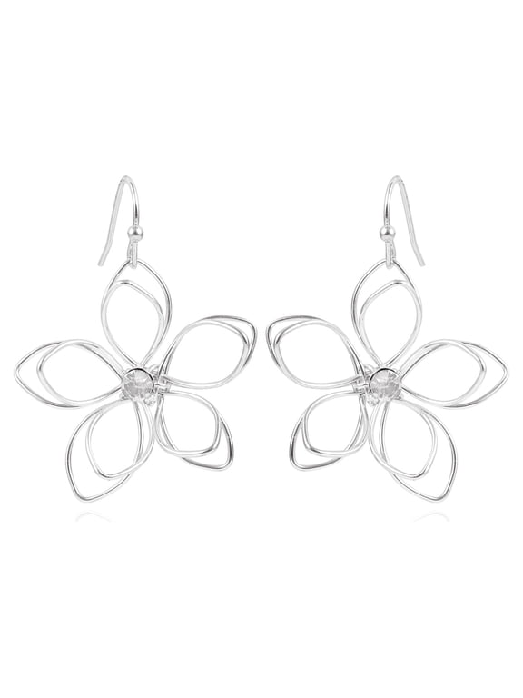 Time & True Women's Open Wire Imitation Rhodium 3D Metal Flower Fishhook Earring.