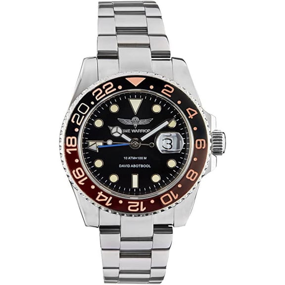 Time Warrior Men's GMT Watch, Black Dial, 316L Case - Black and Brown Bezel, Sapphire Glass, Swiss Quartz Movement, Men's Pro Diver Watch