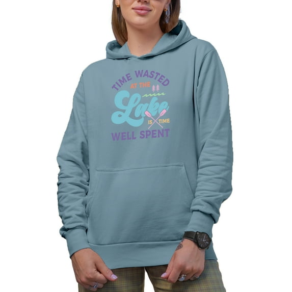 Time Wasted at the Lake Is Time Well Spent Art Merch Gift, Light Blue Hooded Sweatshirt or Hoodie, Small