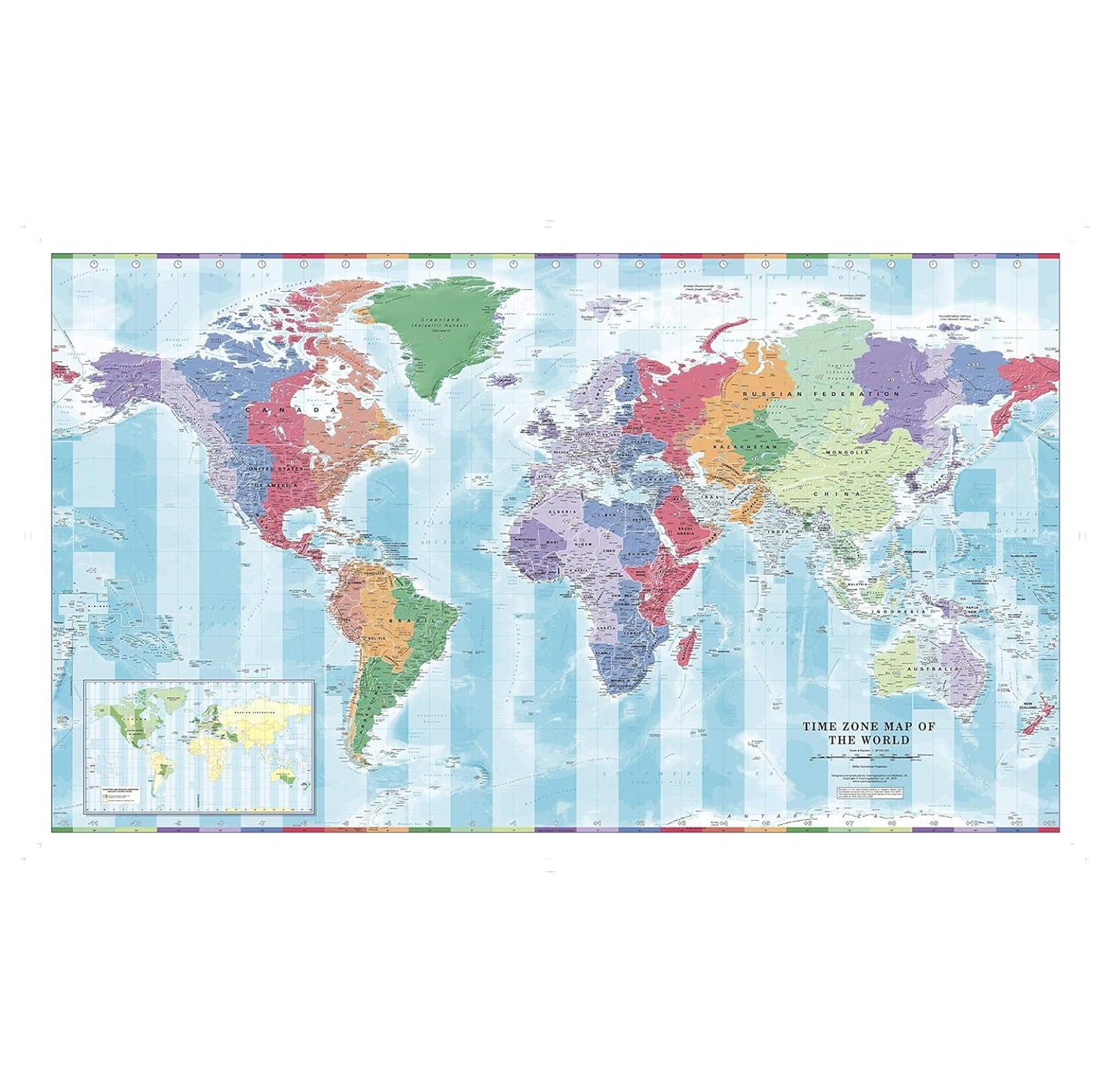 Time Zone Wall Map of The World Large 53.75" x 31.5" Rolled Canvas
