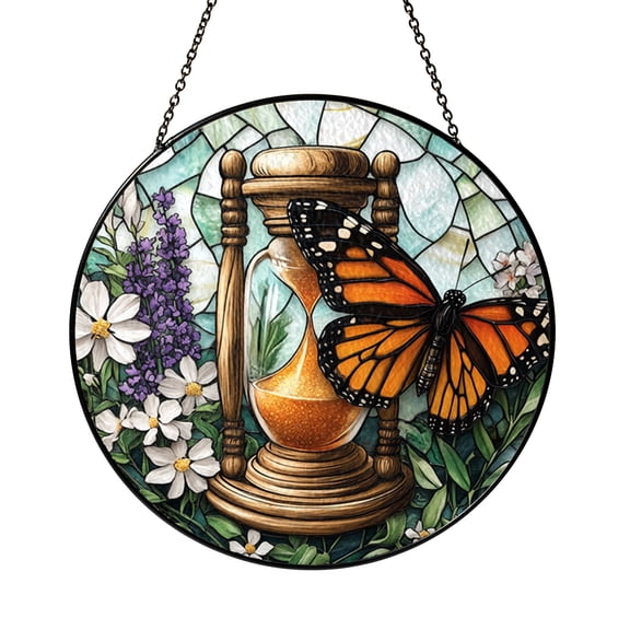 Time and Nature Butterfly Suncatcher, Handmade Stained Glass Window Hanging Gift for Mindfulness Lovers