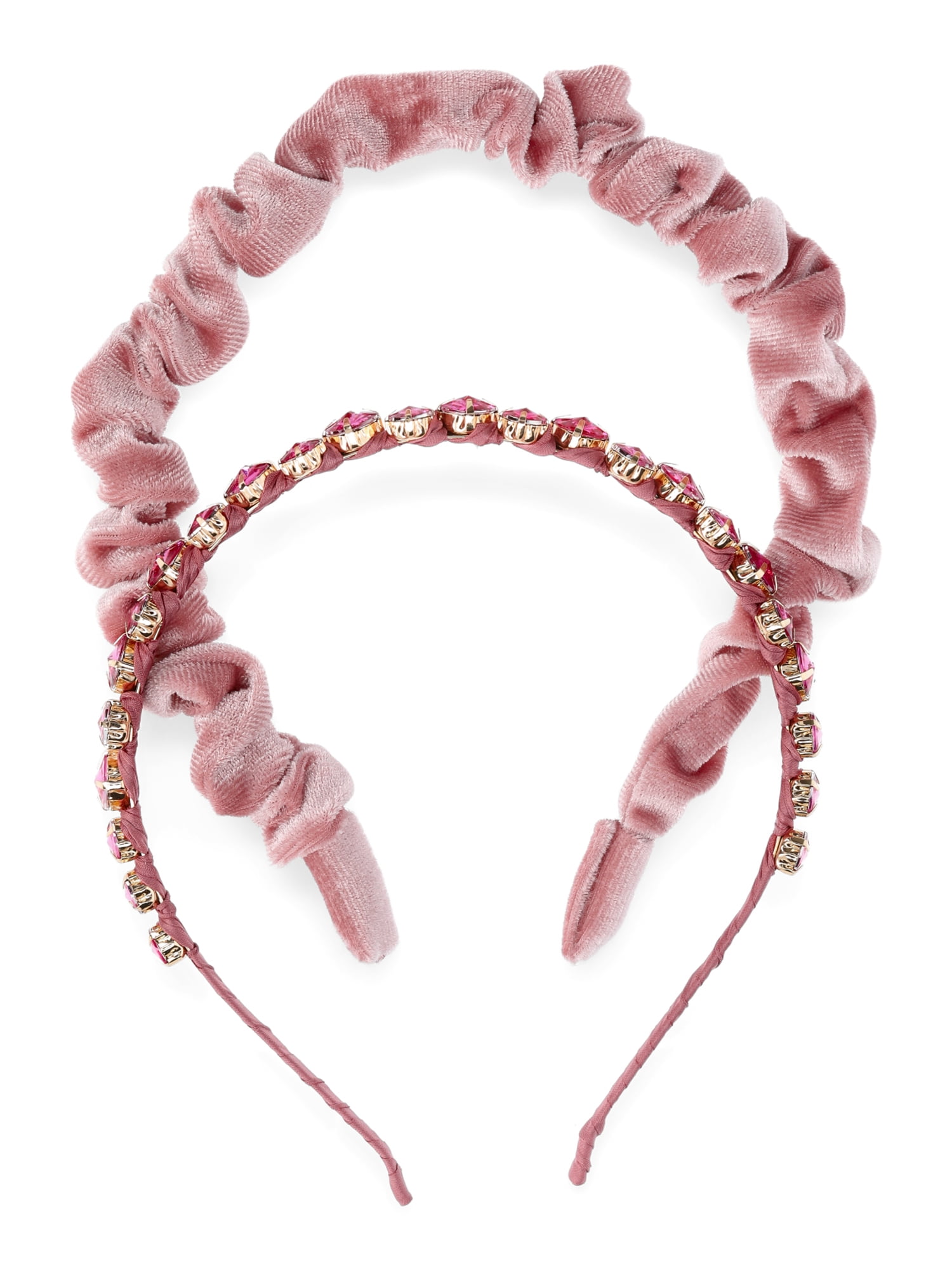 Time and Tru Women's Ruched Velvet and Rhinestone Hair Headband 2-Piece Set, Pink