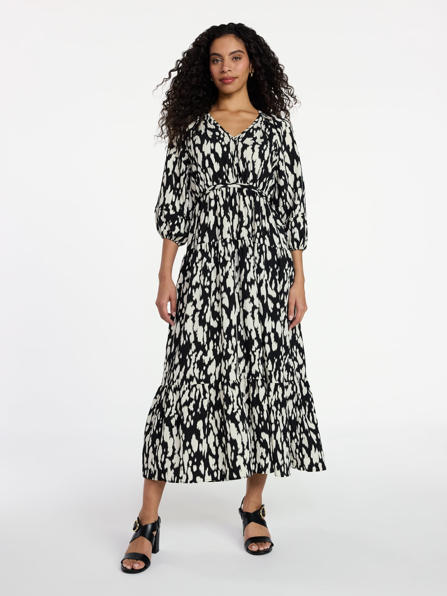 Time and Tru Women's V-Neck Maxi Dress with ¾-Length Sleeves, Sizes XS-XXXL