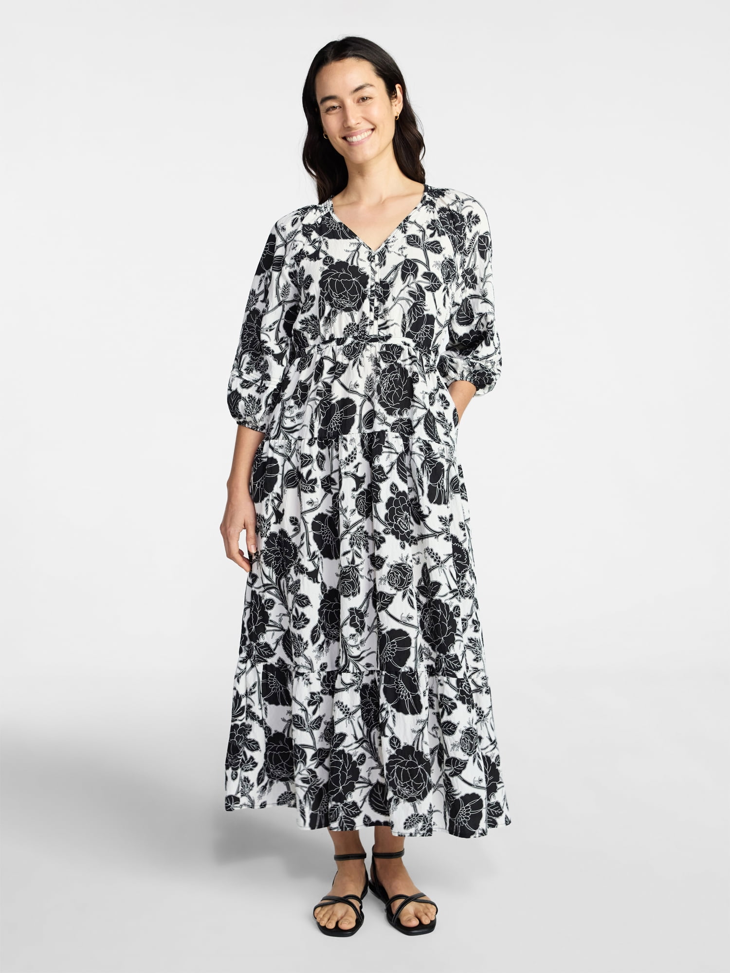 Time and Tru Women's V-Neck Maxi Dress with ¾-Length Sleeves, Sizes XS-XXXL
