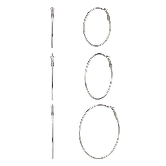 Time and Tru Adult Female 3 Pair Silver Tone Metal Hoop Earring Set- No Stones