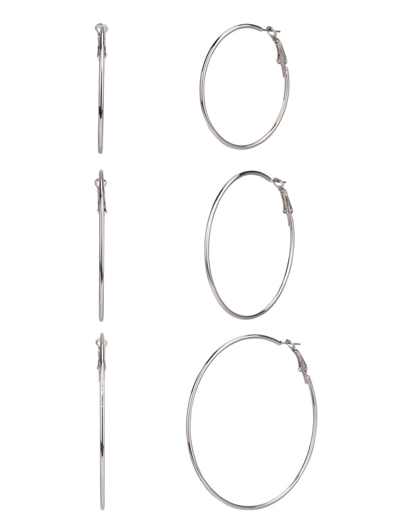 Adult Female 3 Pair Silver Tone Metal Hoop Earring Set- No Stones