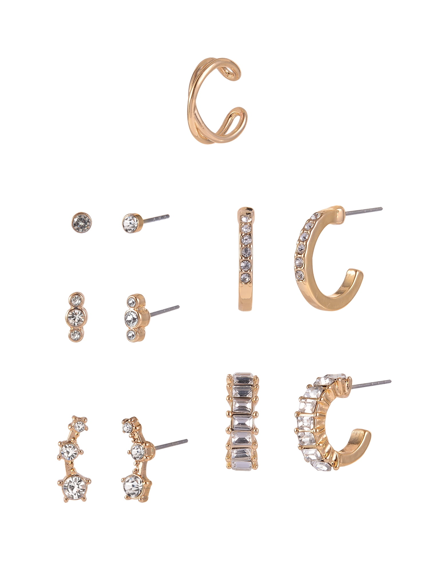 Time and Tru Adult Female Gold-Tone 5 Pair Crystal Stone Drop and Hoop Stacker Earring Set