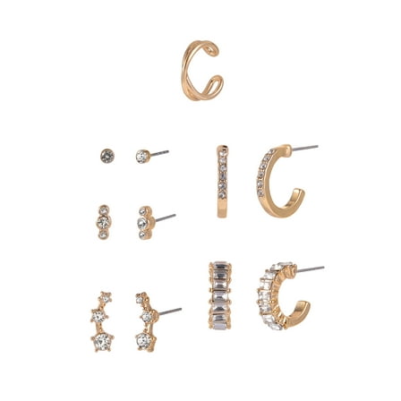 Time and Tru Adult Female Gold-Tone 5 Pair Crystal Stone Drop and Hoop Stacker Earring Set