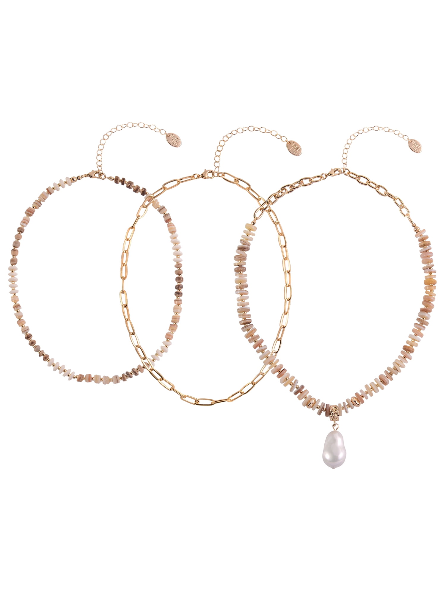 Time and Tru Adult Female Gold-Tone Metal Heishi Shell Beads, Oval Cable Chain, and Acrylic Beads and Pearl 3 Row Necklace