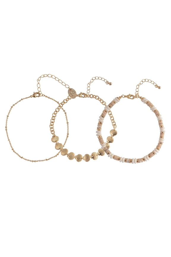 Adult Female Gold-Tone Metal Shell, Ball Chain, and Acrylic Beaded 3pc Anklet Set