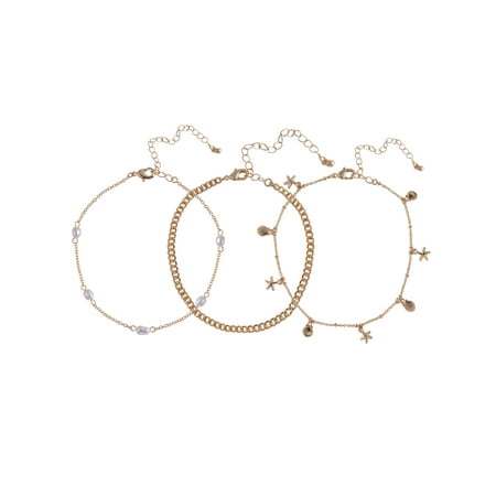 Time and Tru Adult Female Gold-Tone Metal Shell Charms, Curb Chain, and Acrylic Pearls 3pc Anklet Set