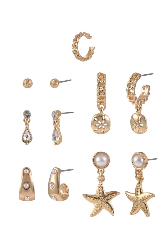Women's Gold-Tone Metal Starfish and Acrylic Pearl Multi Earrings, 5 Pairs with Ear Cuff