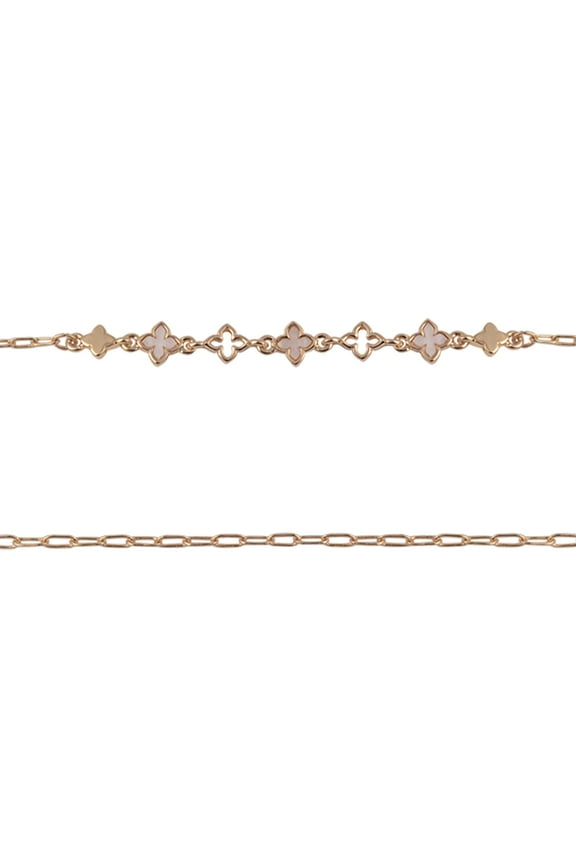 Adult Female Gold-Tone Pearlized Resin Clover Shape 3pc Chain Bracelet Set