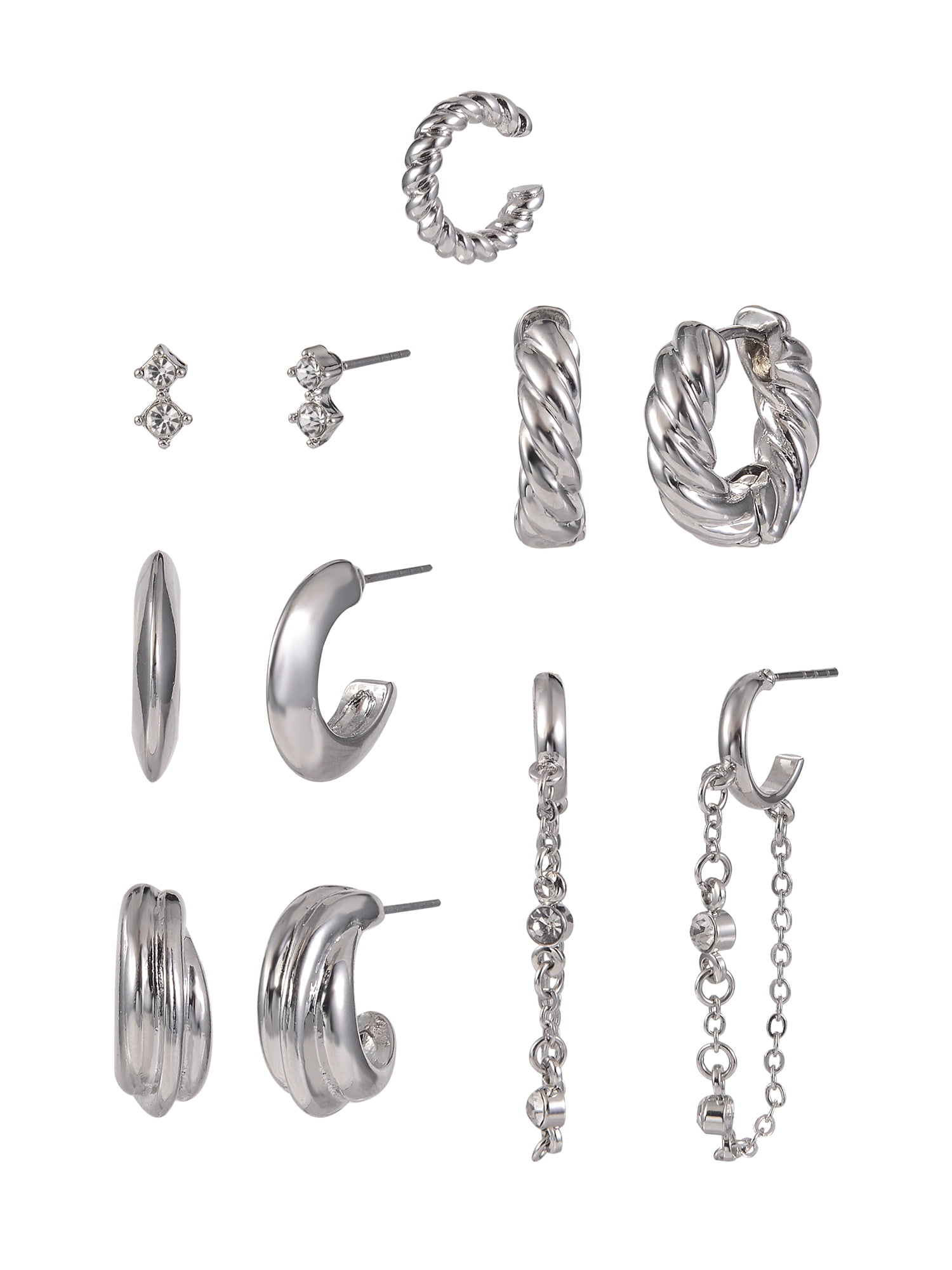 Time and Tru Adult Female Silver-Tone Crystal Stone Cable Chain Dangle and Textured Hoop Multi Stacker Earring Set
