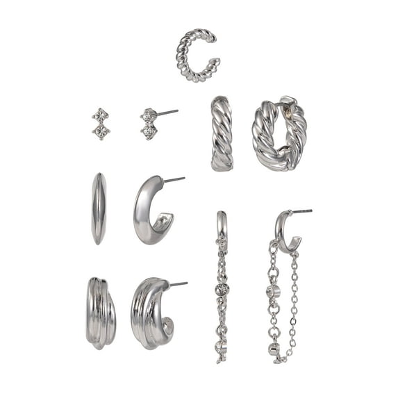 Time and Tru Adult Female Silver-Tone Crystal Stone Cable Chain Dangle and Textured Hoop Multi Stacker Earring Set