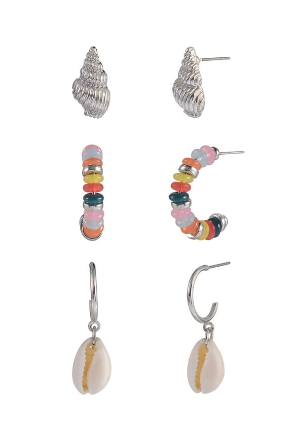 Adult Female Silver-Tone Metal Shell, Cowrie Shell, and Beaded Multi Earring Set - 3 Pairs
