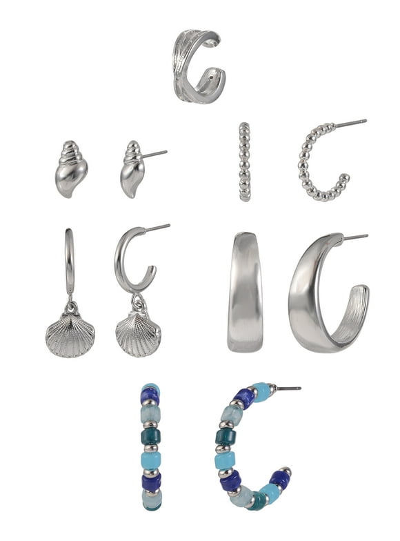 Women's Silver-Tone Metal Shell and Textured Hoops Multi Earrings, 5 Pairs with Ear Cuff