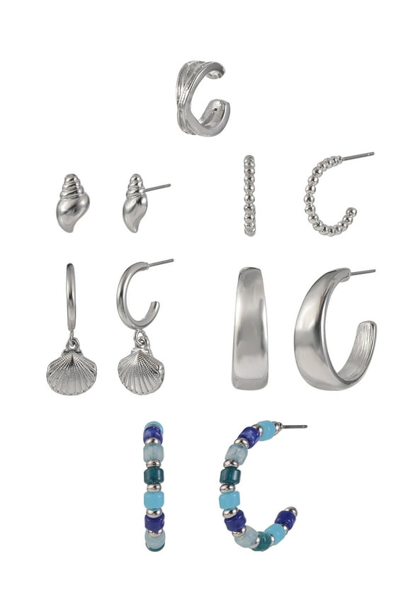 Women's Silver-Tone Metal Shell and Textured Hoops Multi Earrings, 5 Pairs with Ear Cuff