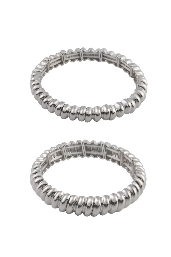 Adult Female Silver-Tone Textured Cast 2pc Stretch Bracelet Set