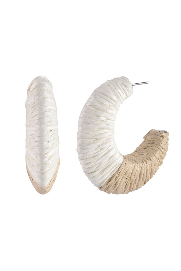 Adult Female Silver-Tone White and Natural Raffia C-Hoop Earring
