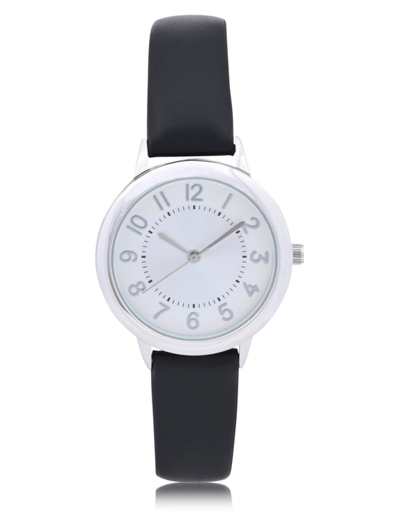 Women's Analog Quartz Wristwatch, Silver Case with Black Strap, 42048WML