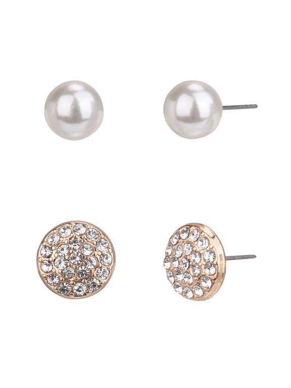 Adult Women's 2 Pair Gold Tone Faux Pearl and Crystal Metal Earring Set