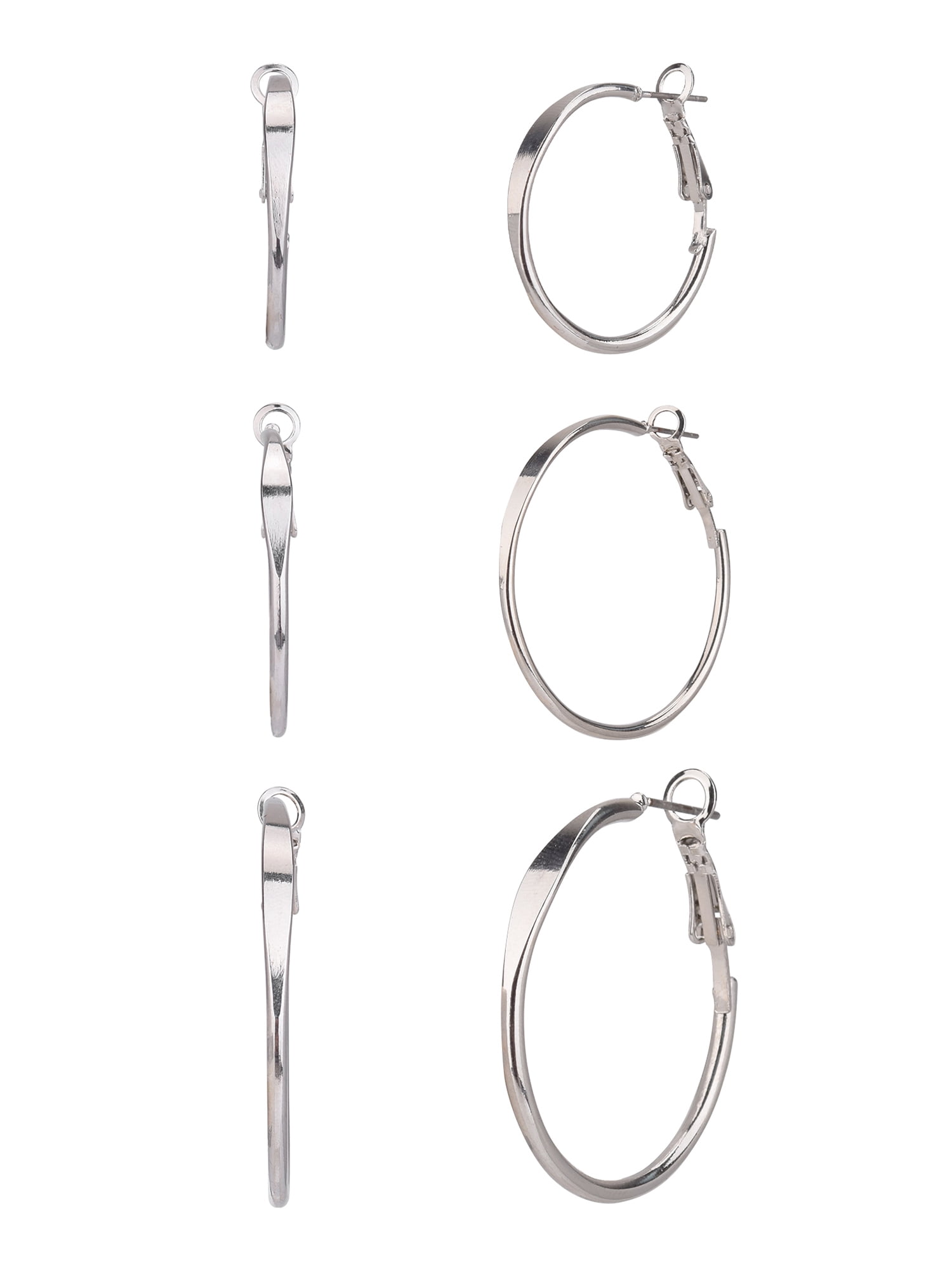 Time and Tru Adult Women's 3 Pair Silver Tone Metal Hoop Earring Set