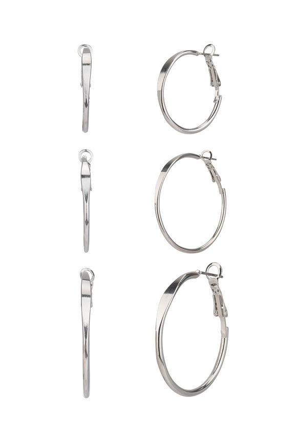 Adult Women's 3 Pair Silver Tone Metal Hoop Earring Set