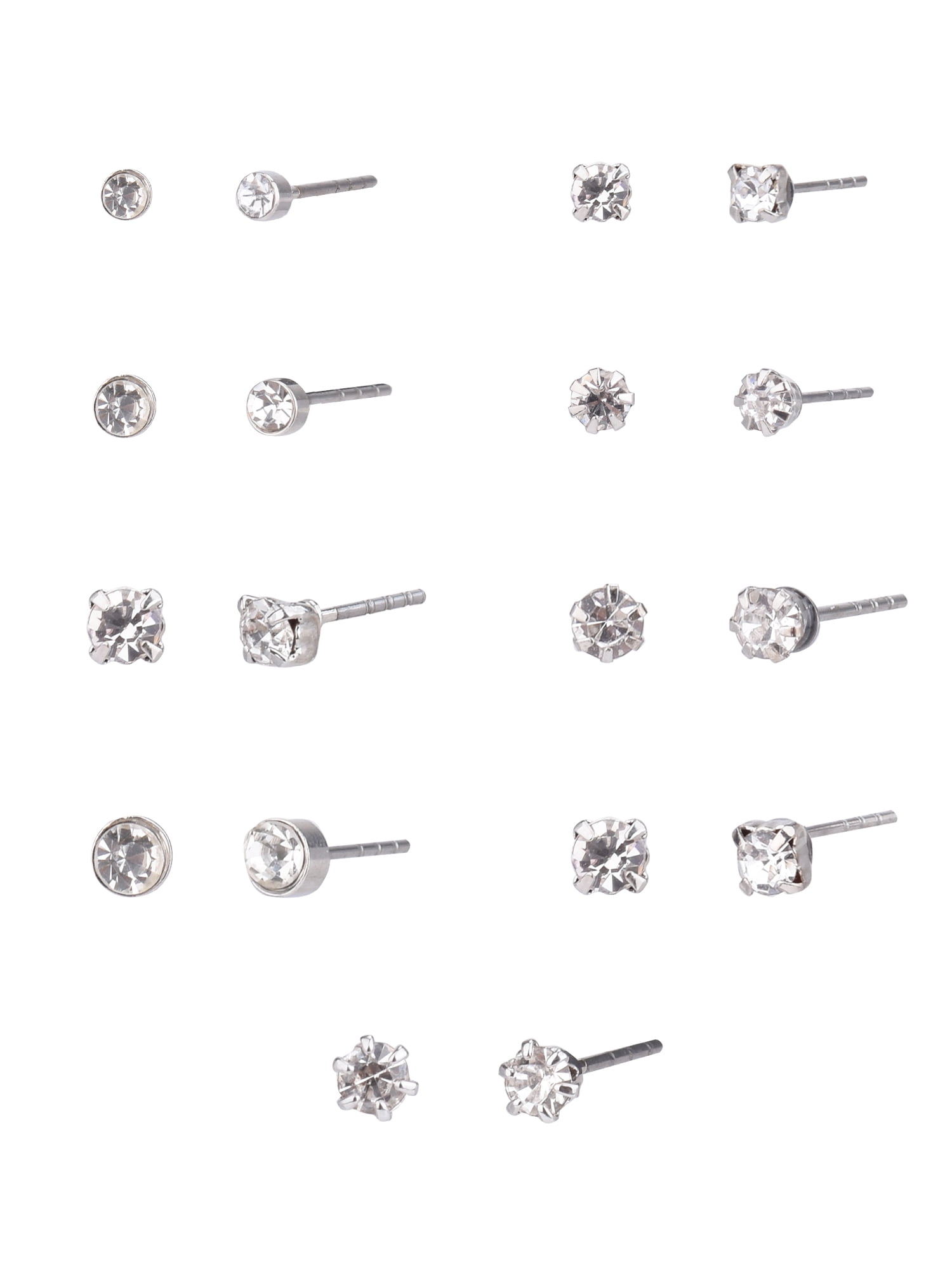 Time and Tru Adult Women's 9 Pair Silver Tone Crystal Stud Time and Tru Adult Women's 9 Pair Silver Tone Crystal Stud