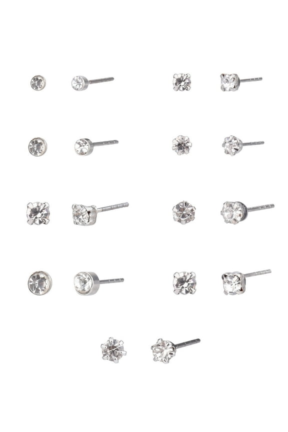 Adult Women's 9 Pair Silver Tone Crystal Stud Metal Earrings Set