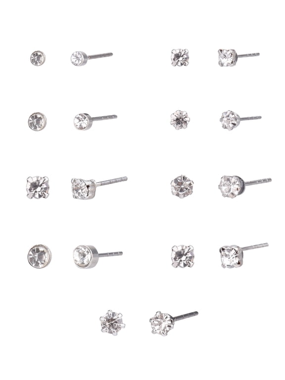 Adult Women's 9 Pair Silver Tone Crystal Stud Metal Earrings Set