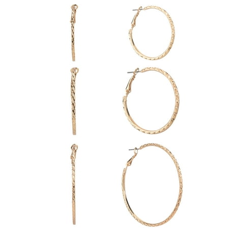 Time and Tru Adult Women's Gold Tone 3 Pair Textured Hoop Metal Earring Set