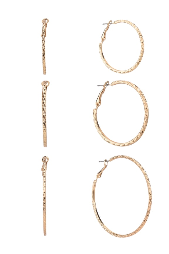 Adult Women's Gold Tone 3 Pair Textured Hoop Metal Earring Set