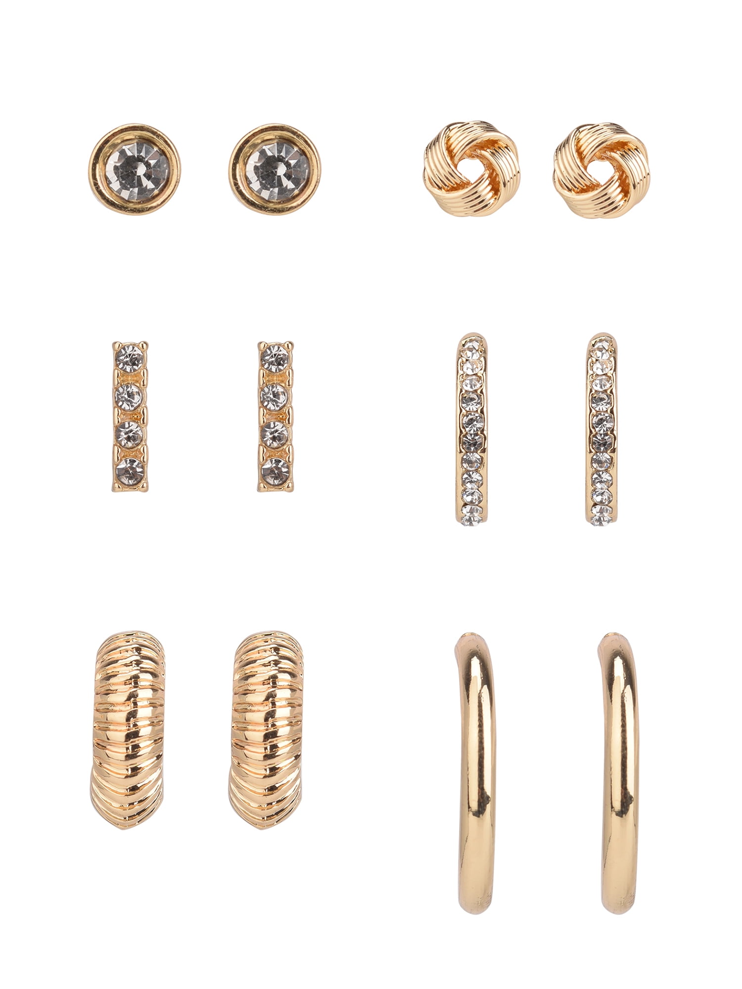 Time and Tru Adult Women's Gold Tone 6 Pair Stud and Hoop Crystal Metal Earring Set