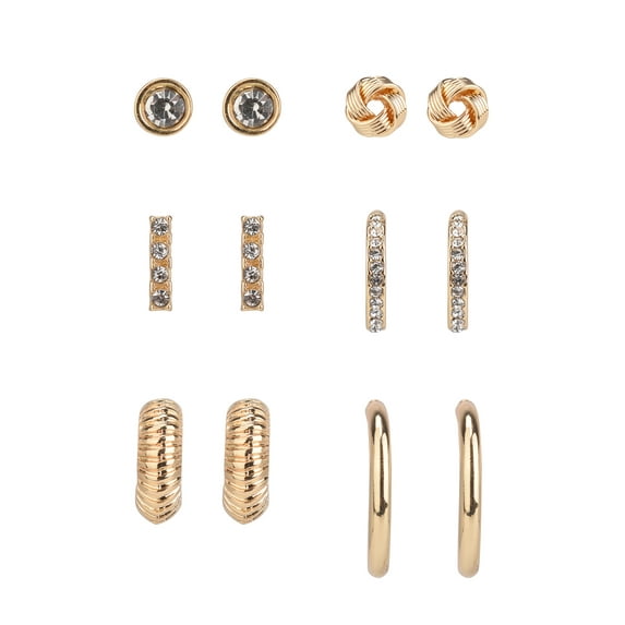 Time and Tru Adult Women's Gold Tone 6 Pair Stud and Hoop Crystal Metal Earring Set