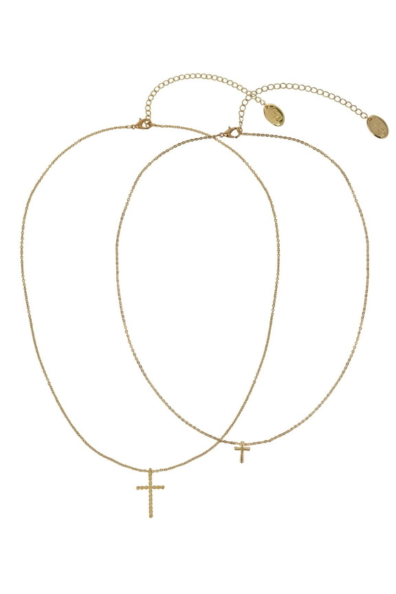 Adult Women's Gold Tone Cross 2 Row Metal Pendant Necklace