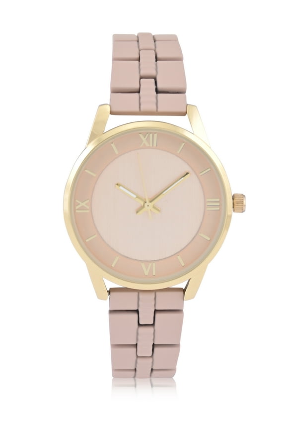 Adult Women's Gold-Tone Round Case Wristwatch with Light Pink Faux Ceramic Link Bracelet.