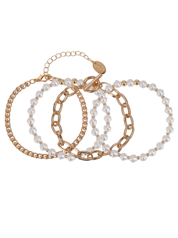 Adult Women's Gold Tone and Faux Pearl Bracelet Set, 4 Piece